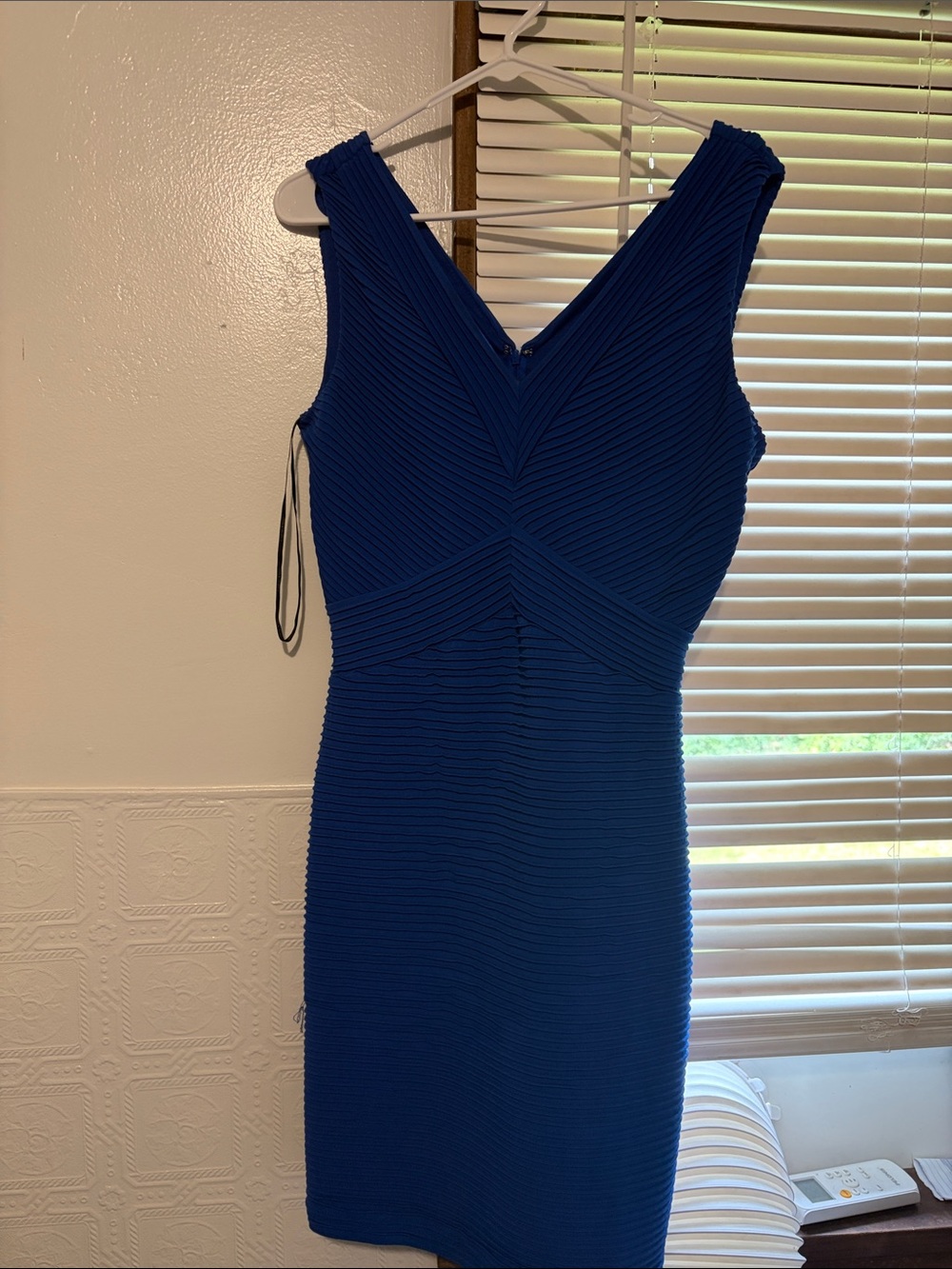 Calvin Klein Cobalt Blue Textured V-Neck Midi Dress